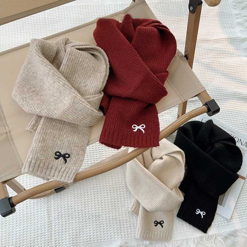 Scarves Wraps Winter Wool Scarf for Kids Thicken Warm Knitted Scarves Solid Color Bow Embroidered Children Boy Girl Neckerchief H241213