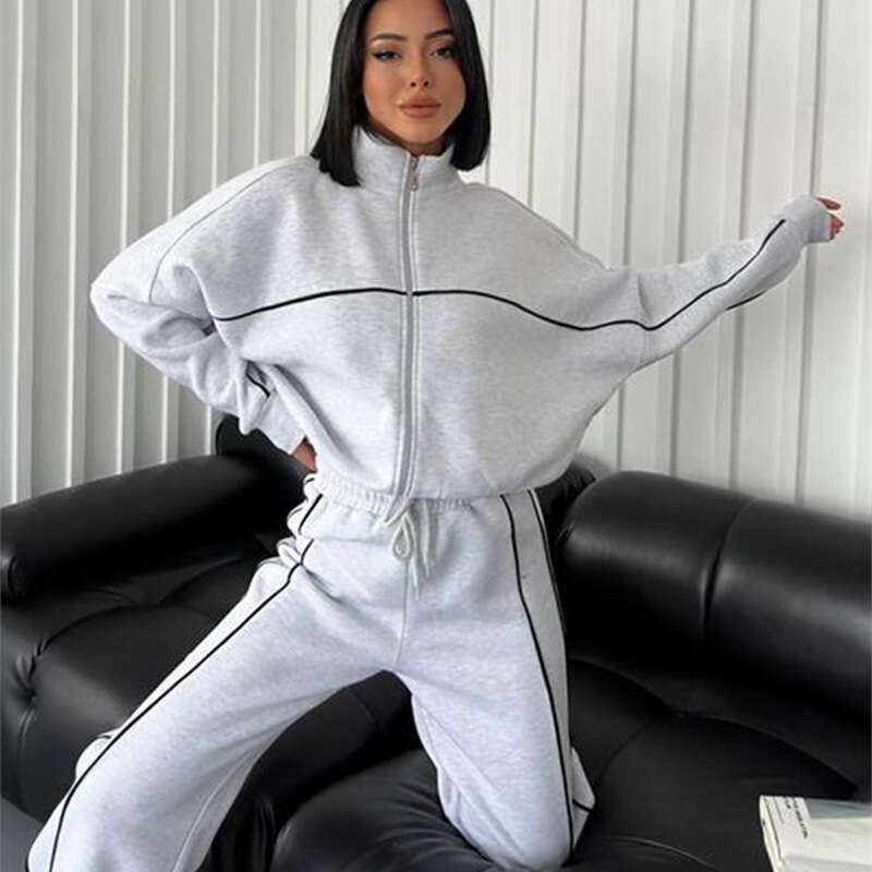 New Suit Sleeved Semi High Neck Cardigan Sweatshirt With Tie Up Stripes Long Pants Trendy Clothing Fashionable Casual Temperament