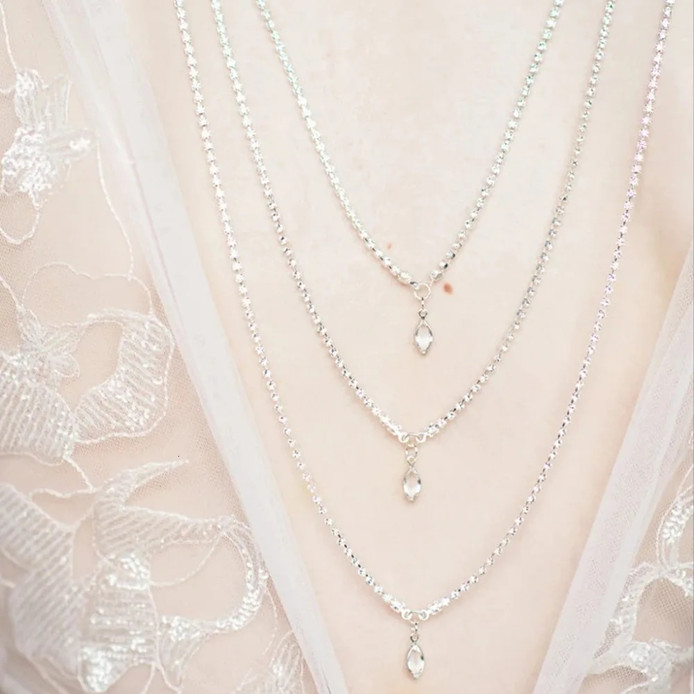 Crystal Necklace Droplet Back Chain Multilayer Wavy Dress Accessories 241213