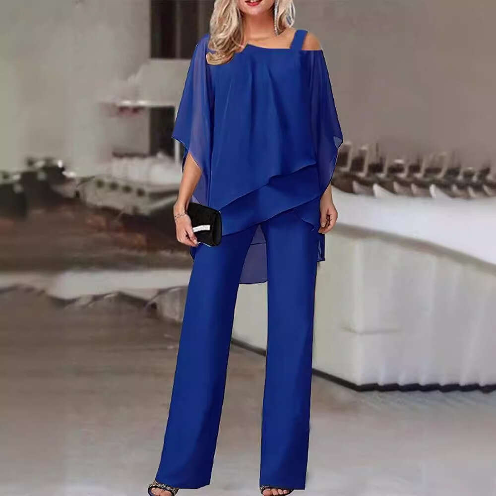 European And American New Solid Color Loose Casual Slanted Shoulder Bat Sleeve Irregular Long Pants Two-Piece Set Fashionable Quality Classic