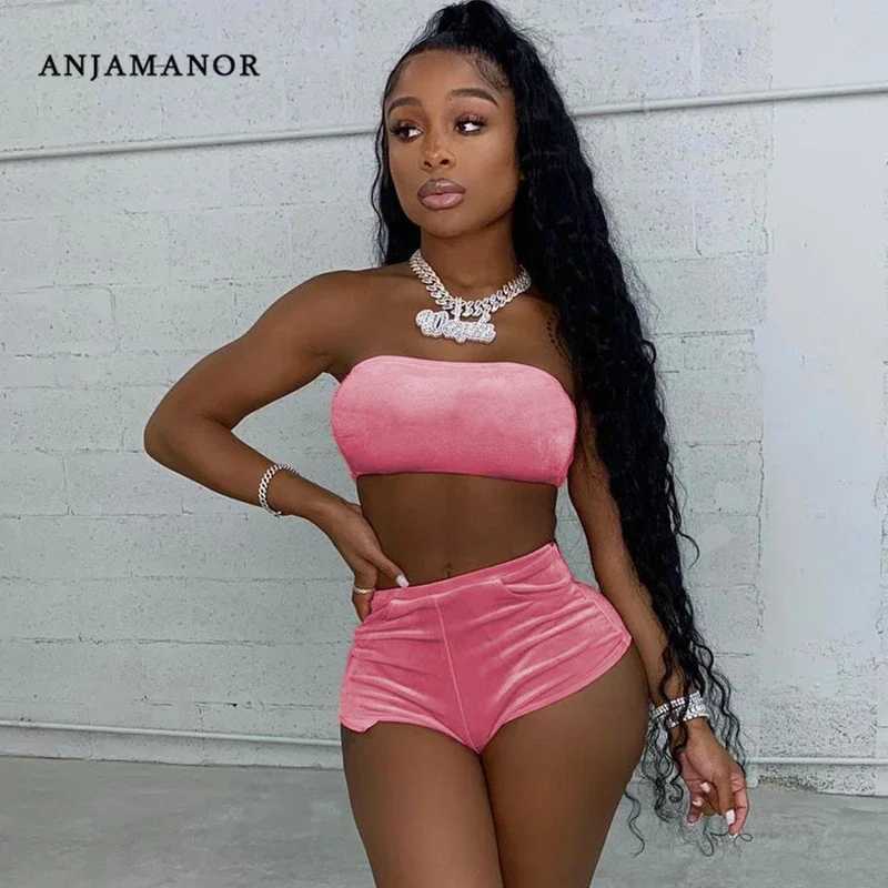 Women's Two Piece Pants ANJAMANOR Sexy Solid Velvet Two Piece Shorts Sets Tracksuit Summer Clothes for Womens Outfits Bulk Items Wholesale Lots D