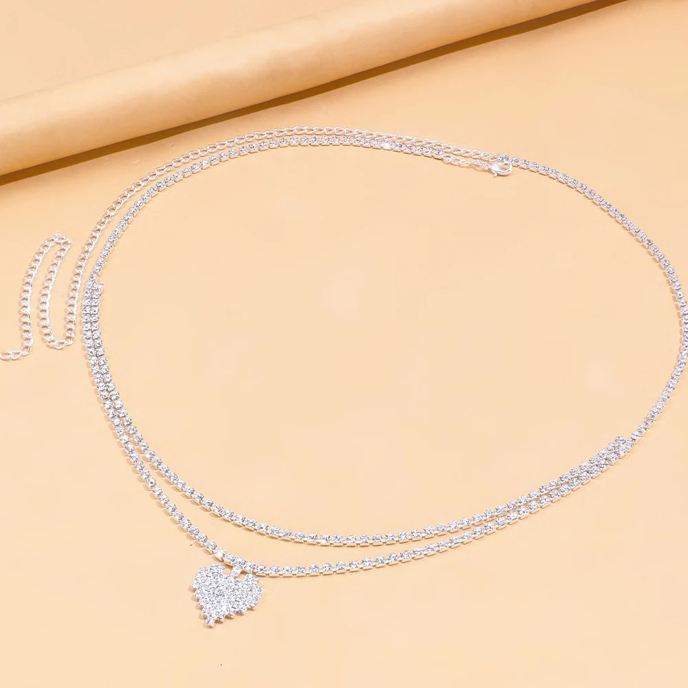 Sexy Rhinestone Heart Waist Chain Belt Bikinis Jewelry for Women Summer Beach Double Row Crystal Belly Body Accessories 241213