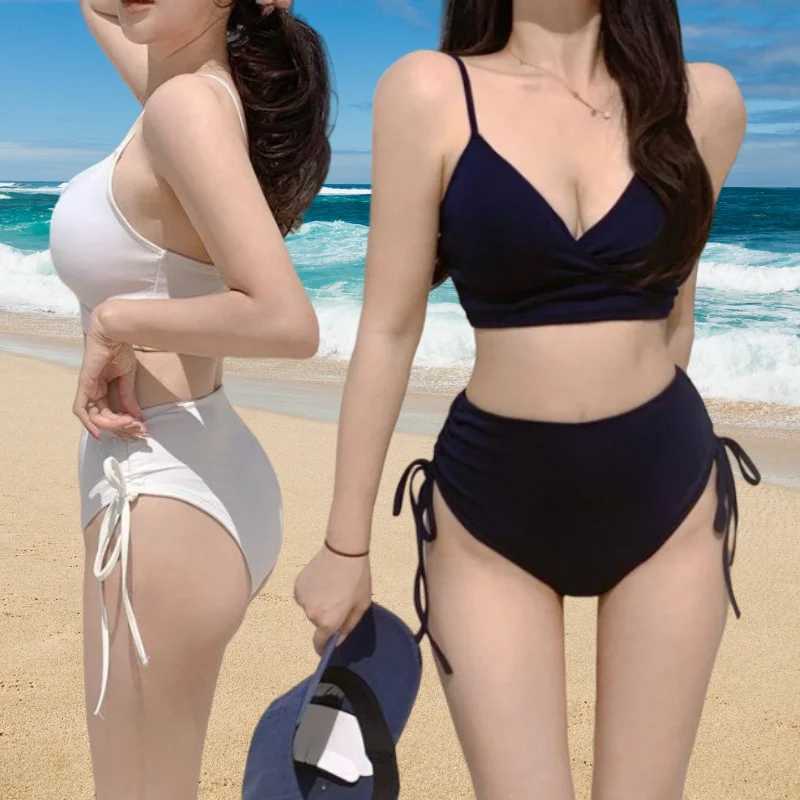 xgnvpy New South Korean split swimsuit fa solid color tight height waist thin draw pats gathered triang bikiniXJ241212