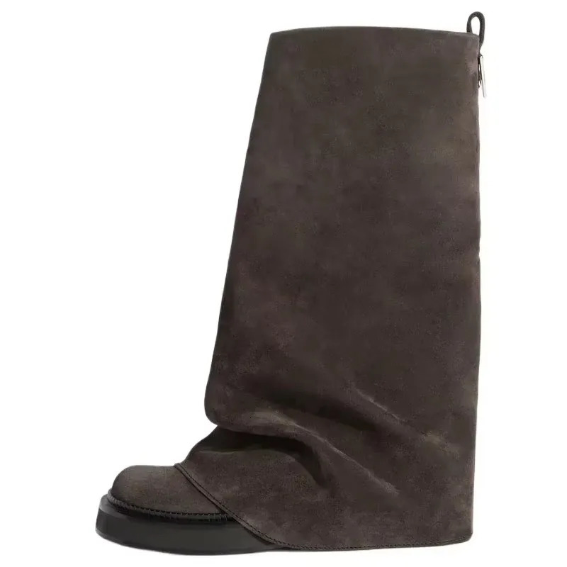 Fashion Autumn And Winter Round hot Head Long Leather shoes Metal Knight Fold Flat Boots Punk Style 241212