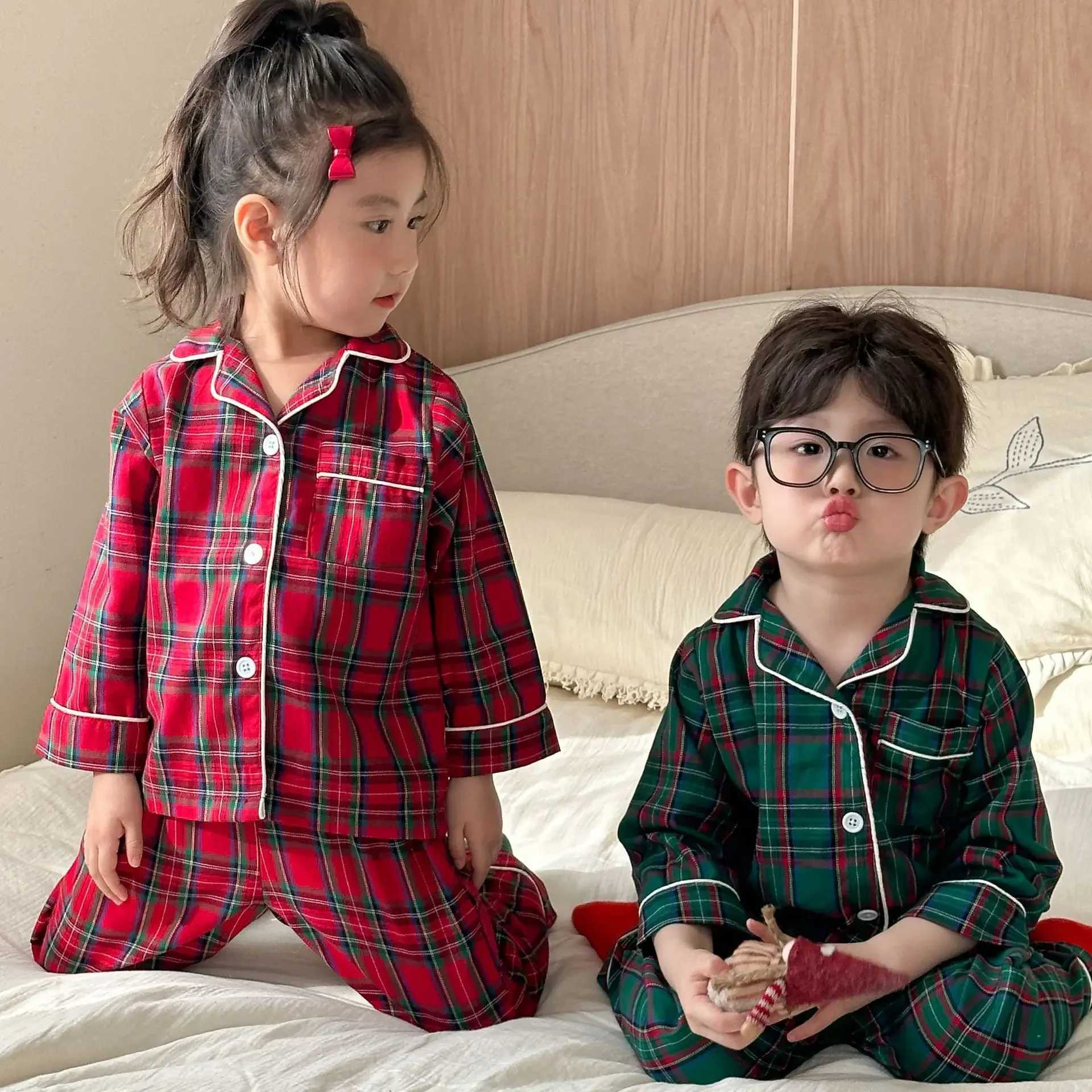 4966 Christmas Childrens Pajama Set 2024 Autumn Winter Pure Cotton Checkered New Girl Long Sleeve Set Baby Boy Home Clothing W241213