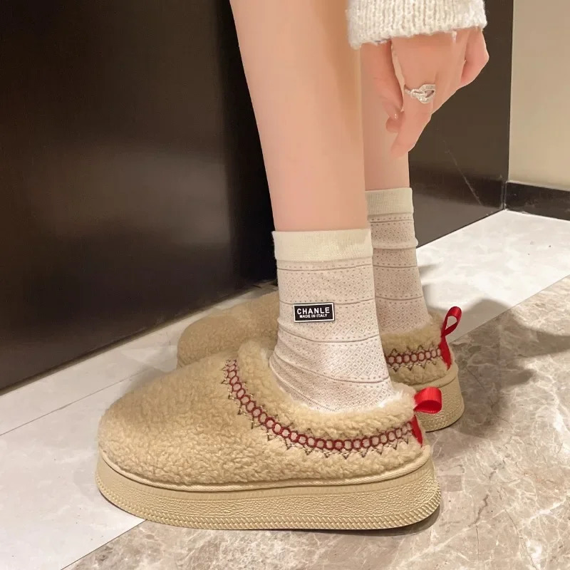 Warm Fur Ankle Boots Women Flats Platform Slippers Plush Flip Flops Winter Cotton Shoes for Women Snow Botas 241212