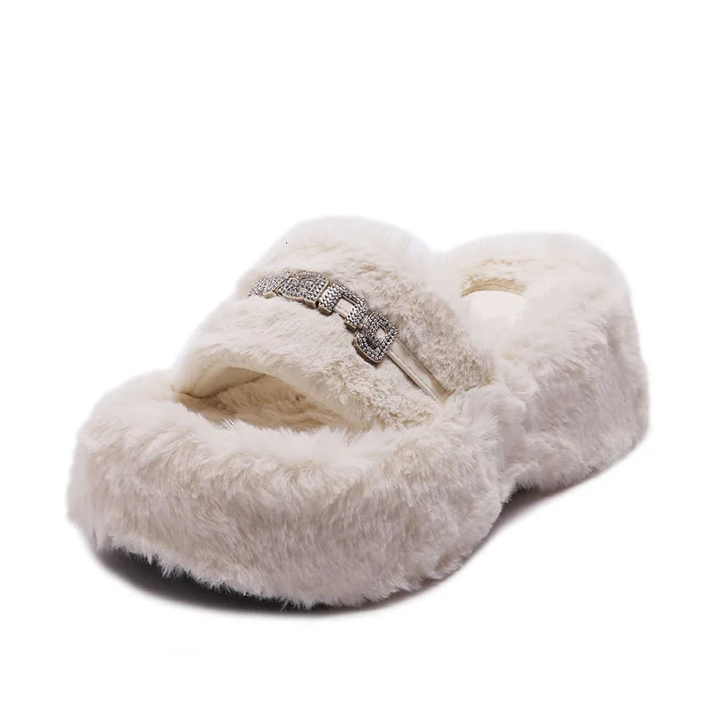 Wedding shoes womens sliders platform sliders high-heeled mules fur flap 2024 high massage plush rubber 241213