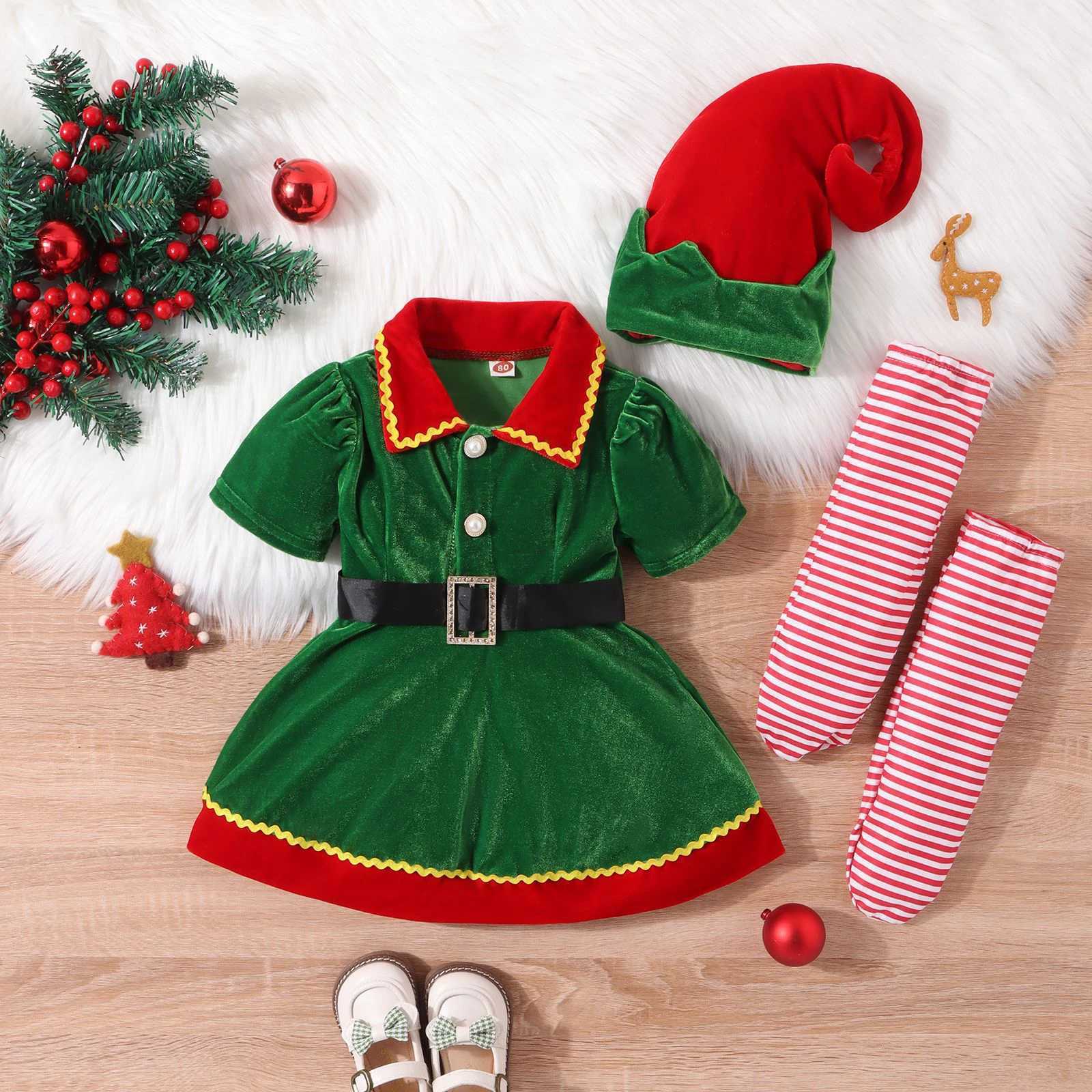 BeQeuewll Preschool Girls Christmas Elf Costume Contrast Color Short Sleeve Doll Collar Dress Hat and Striped Sock Set W241213
