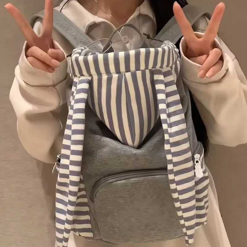 Striped Korean Style Gray Backpacks Rabbit Ears Design Casual Bags Large Capacity Student Tote Bags Versatile Backpack For Wen Z241212