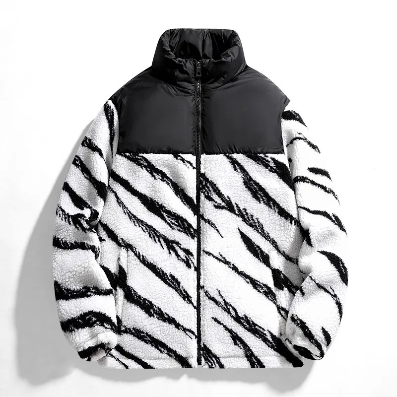 Plus Size Mens Padded Clothing Autumn Winter Zebra Print Outdoor Travel Stand Collar Coat Warm Lambs Wool Jacket 4XL 241213