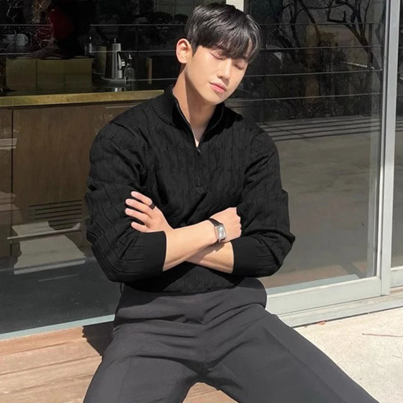 Autumn Clothing Mens Knitted Jacquard Zipper Pullover Sweater Premium Vintage Solid Color Stand Collar Long Sleeve y M3XL 241213