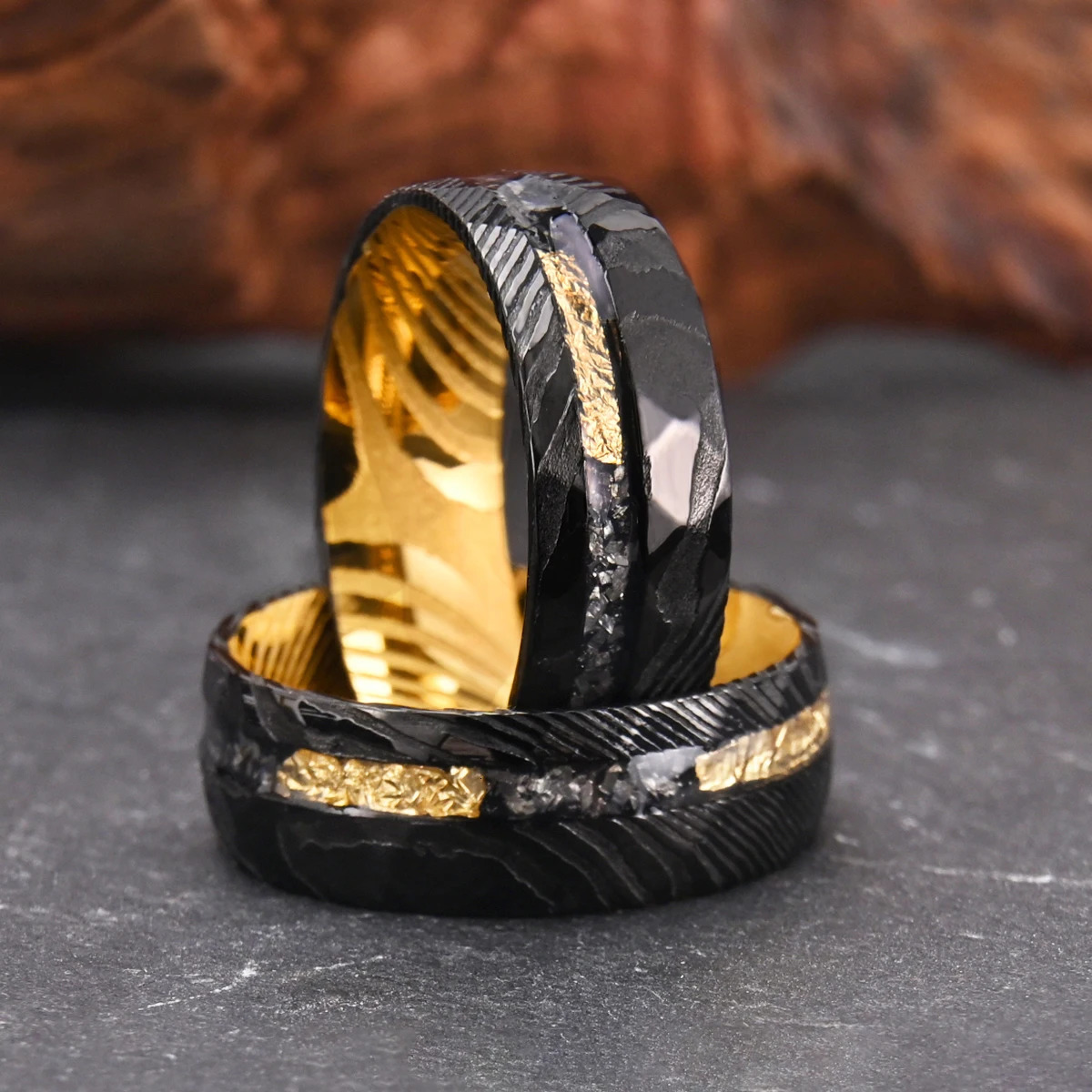 Black hammered Damascus steel mens 8mm couple wedding engagement ring daily fashion wear holiday gift 241213