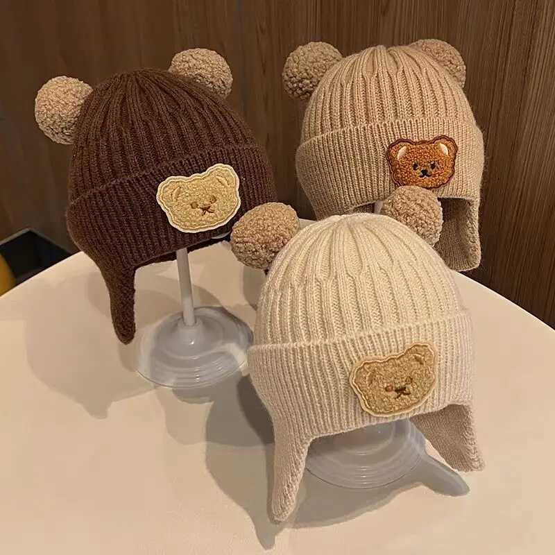 Cute Bear Beanie Caps Baby Girls Winter Warm Knitted Ear Protection Earmuffs Bonnet Hat Kids Pompom Bonnet HatsXJ241213