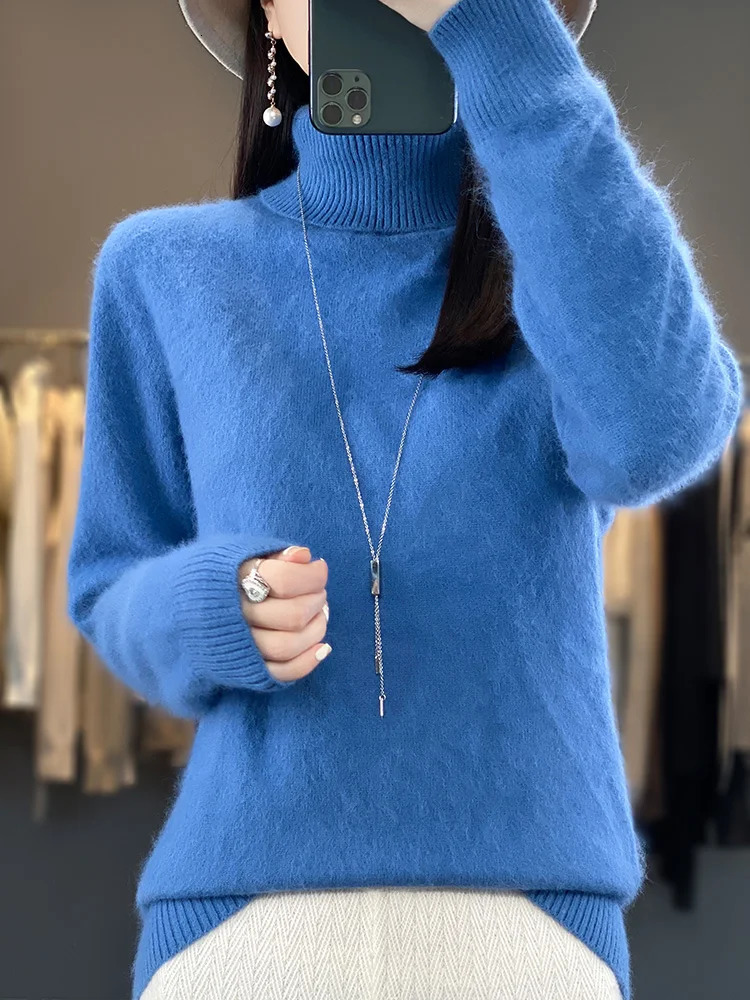 100 Mink Cashmere Women Sweater Basic Bottoming Female Pullover Long Sleeve Knitwear Tops Turn Down Collar Autumn Winter 241203