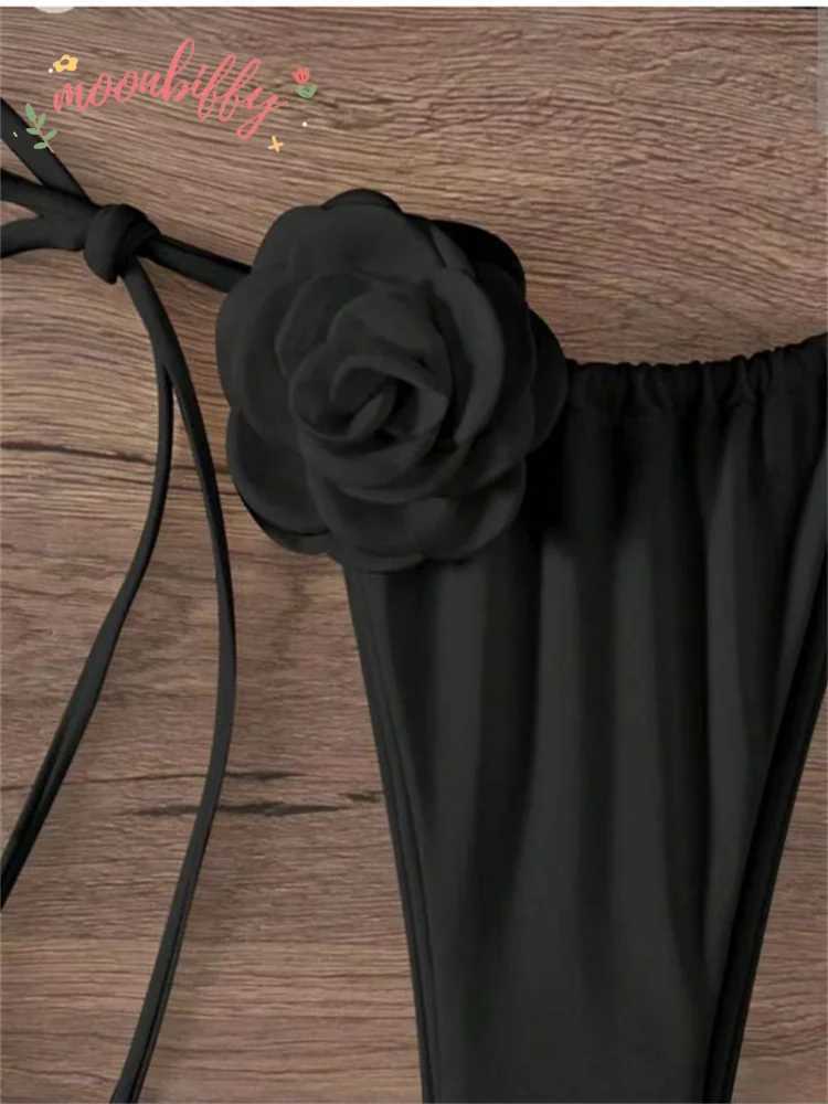 Sexy Bikini Set Women Swimsuit Black White 3D Floral Print Micro Bikinis Brazilian Cutout Beach Bathing Suit Thong SwimwearXJ241212