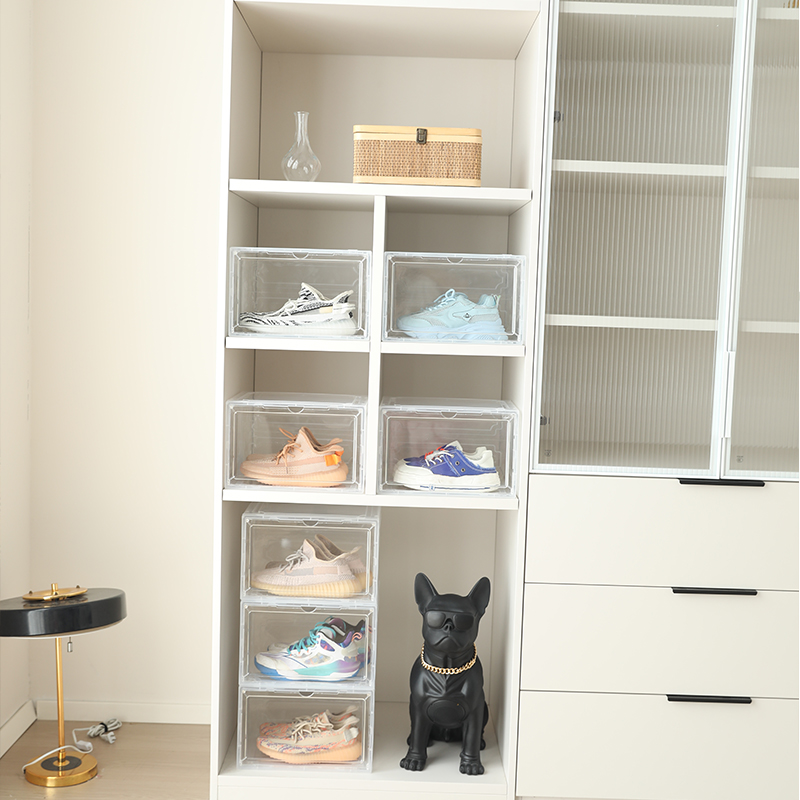 New side opening transparent basketball shoe box acrylic magnetic foldable flip storage shoe box shoe storage box