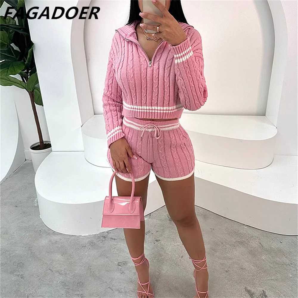 Women's Two Piece Pants FAGADOER Swt Knit 2 Piece Sets Women Outfit Female Lapel Zip Stripe Patchwork Crop Top And Drawstring Waist Shorts Suits 