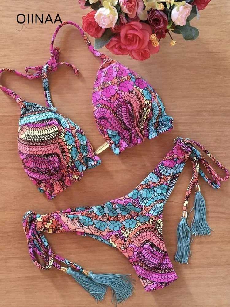 OIINAA Bathing Suit Women Sexy Printed Bikini Set Drawstring Swimsuit Halter Lace Up Two-piece Thong Summer 2024 Fa BiquinisXJ241212