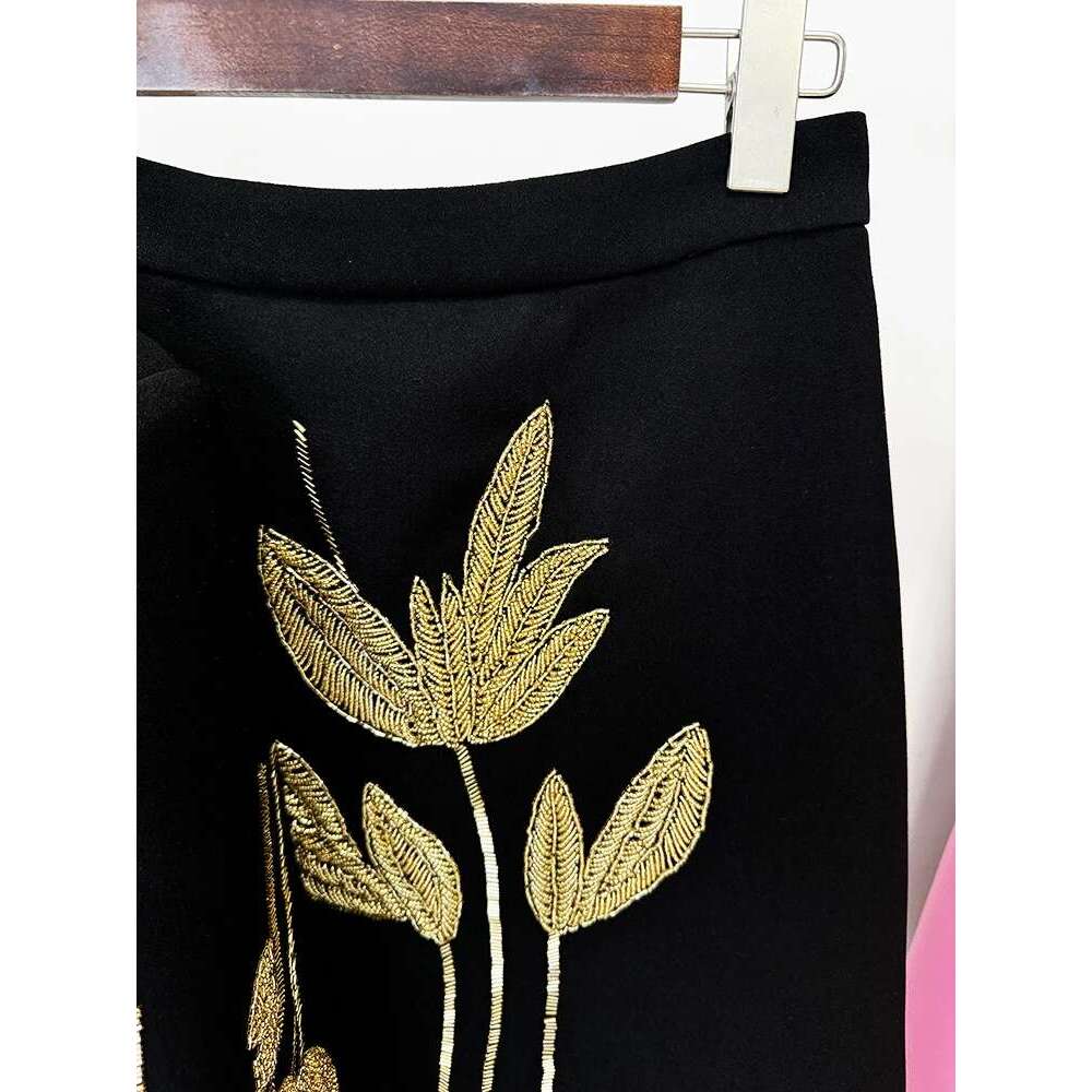 Ladies' Suit HIGH QUALITY Newest Fashion Designer Set Women's 3/4 Sleeve Beaded Cropped Jacket Midi Skirt Suit 2Pcs
