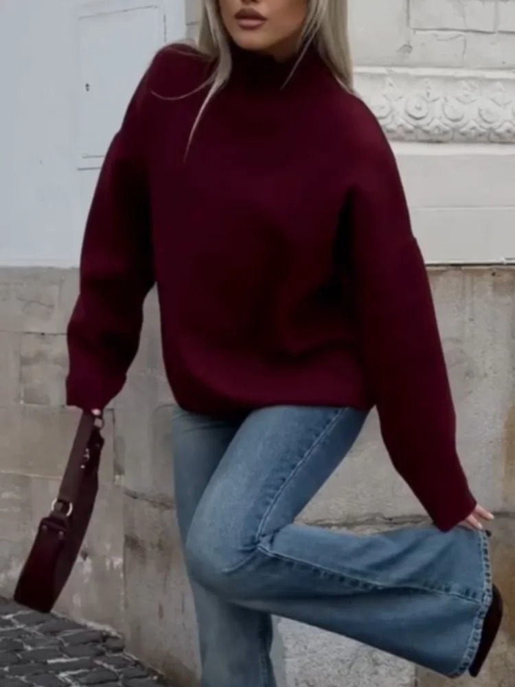 Casual Solid Round Half High Collar Womens Jumper Elegant Long Sleeved Loose Pullover Sweater 2024 Autumn Female Basic Knitwear 241203