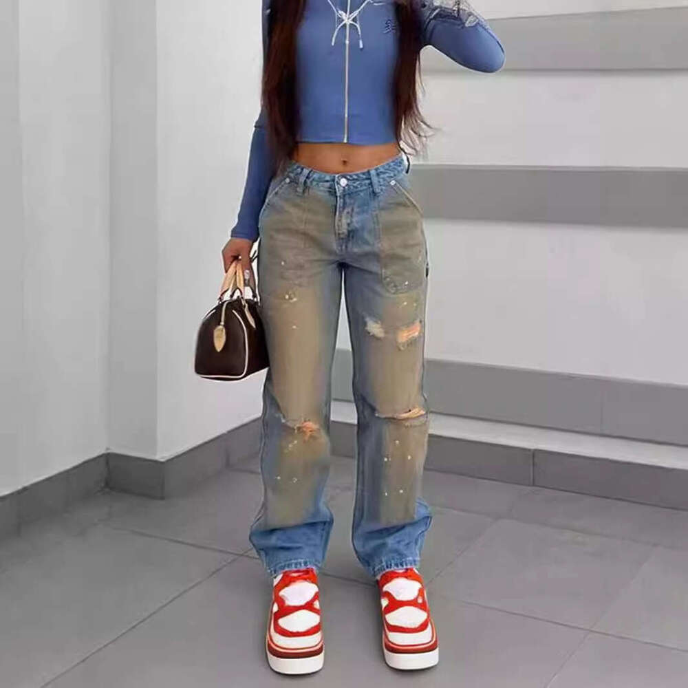 European And American Clothing New Summer Casual Versatile Gradient High Waisted Perforated Denim Straight Leg Pants Women's Fashion Quality Clas