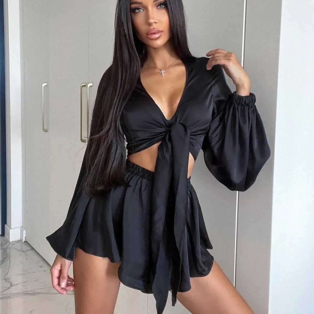 Women's Two Piece Pants Hirigin Fashion WomenS Pajamas Sets Sexy V-Neck Slpwear Long Slve Lace Up Nightwear Shorts Summer Femme Pyjamas Suits Y24