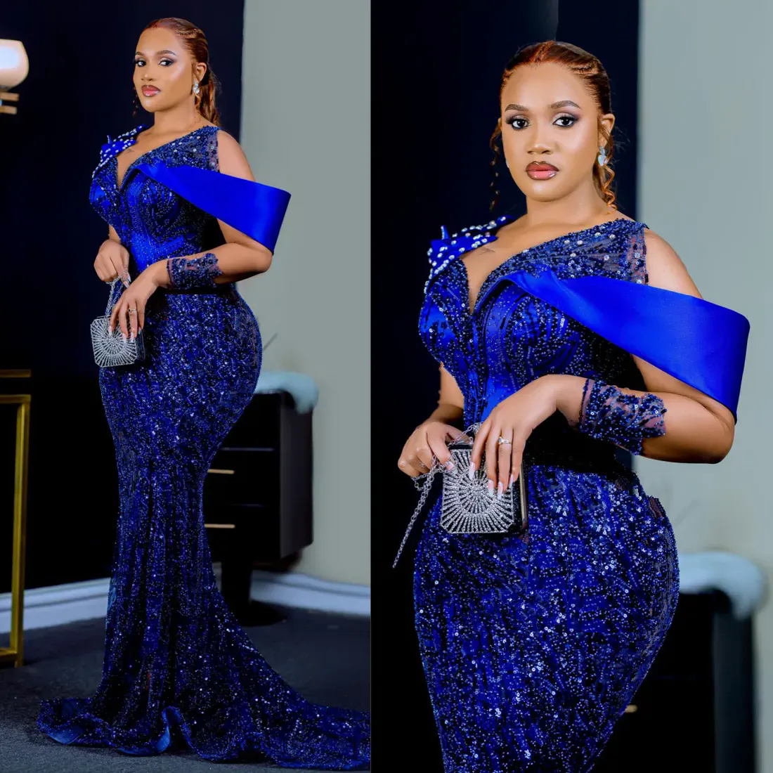 Royal Blue Plus Size Aso Ebi Prom Dresses For Black Women Long Sleeves Sheer Neck Illusion Mermaid Evening Formal Gowns Applique Beaded Lace Formal Go