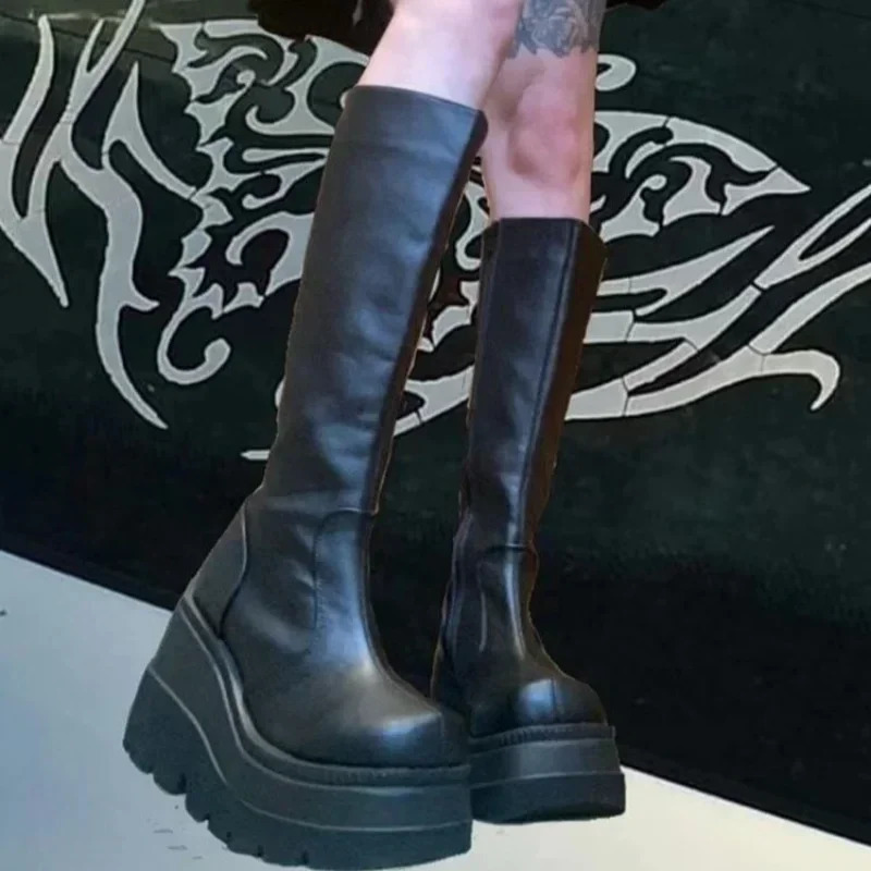 2024 Fashion Platform Womens Battle Winter High Heels High Quality Long Thick Zipper Knee Boots Botas Unprinted Platform Shoes 241213