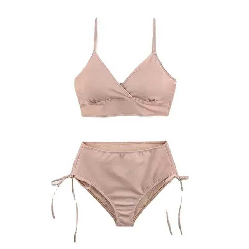 xgnvpy New South Korean split swimsuit fa solid color tight height waist thin draw pats gathered triang bikiniXJ241212