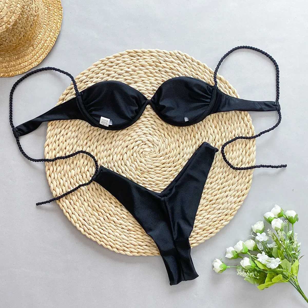 Push Up Bikini 2025 Sexy Women Solid Black White Underwire Swimsuits Brazilian Cut Out Beach Bathing Suit Thong Swimwear BiquiniXJ241212