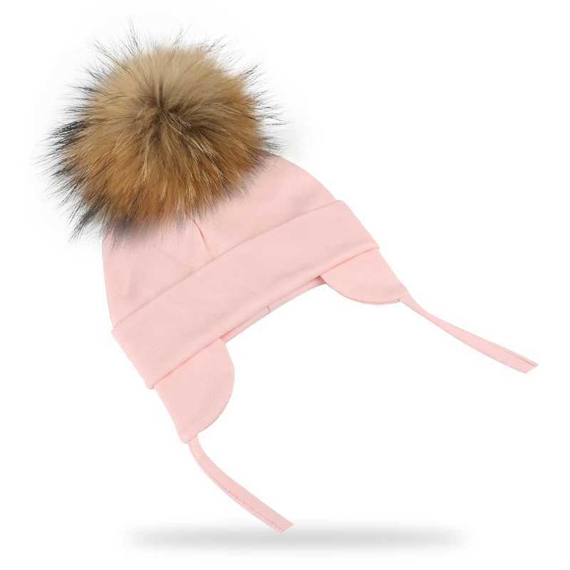 Autumn Winter Natural Raccoon Pompom Cotton Cap For Newborn Earflap Baby Hat With Real Pompon Kids BonnetXJ241213