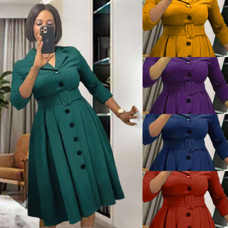 European And American New Casual Women's Clothing Solid Color Lapel Long Sleeved Multi Button Waist Cinched Dress With Belt Fashionable Quality C