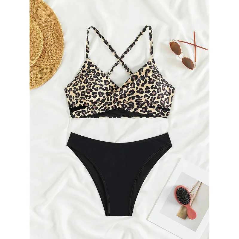 Sexy opard print cross bikini set 2024 women halter push up black high waist swimsuit summer bathing suit two piece swimwearXJ241212