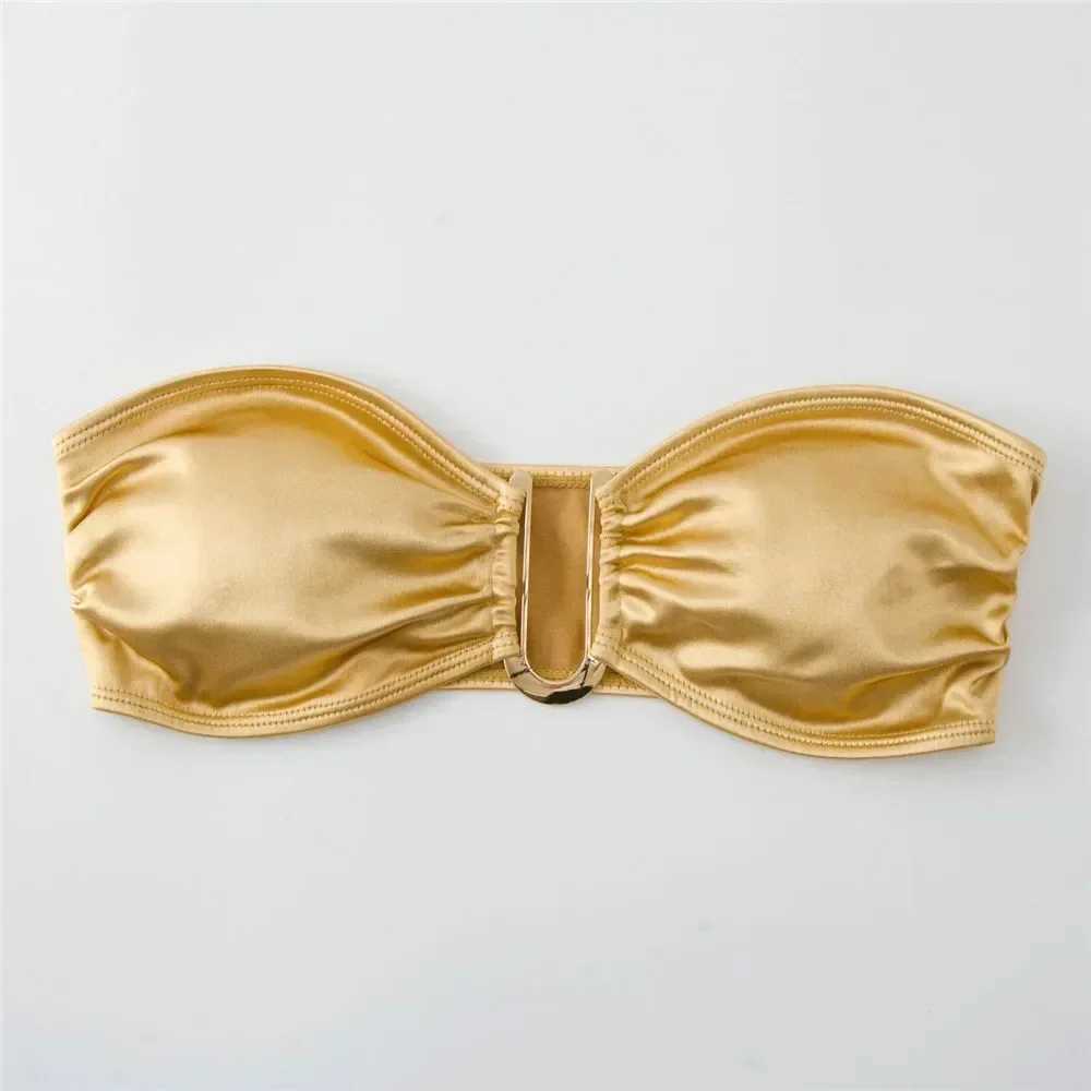 Sexy U Shaped Bandeau Bikinis Set Mujer Strapss Swimwear Women Gold Swimsuit Bathing Suit Biquinis Brazilian Bikini Swim 2024XJ241212