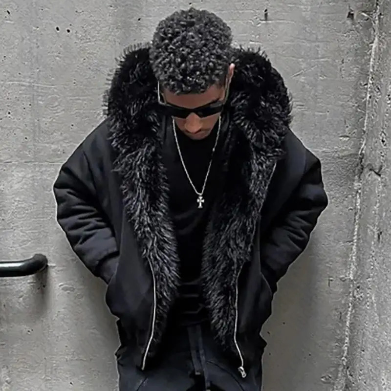 Y2k Men Punk Gothic Hip Hop Graphic Solid Color Faux Fur Collar Hoodies Clothes Casual Price Fashion Aesthetic Streetwear 241212
