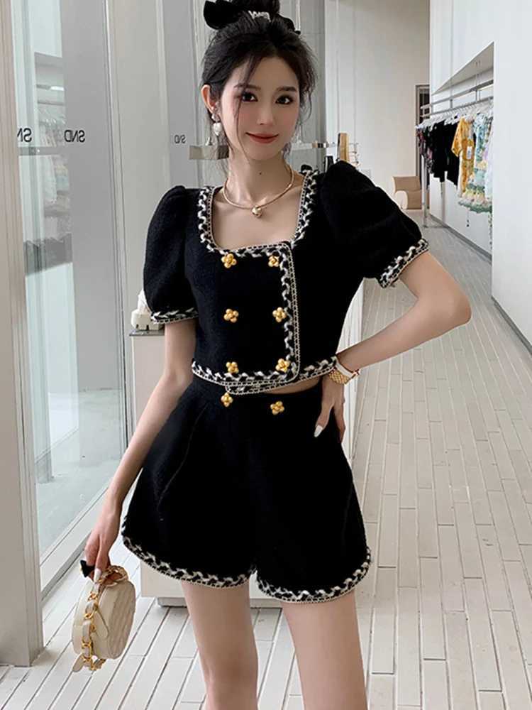 Women's Two Piece Pants Korean Chic Vintage Twd 2 Piece Sets Women Outfits Short Slve Twd Cropped Top Shorts Sets Fashion Two Piece Pant Suits Y2