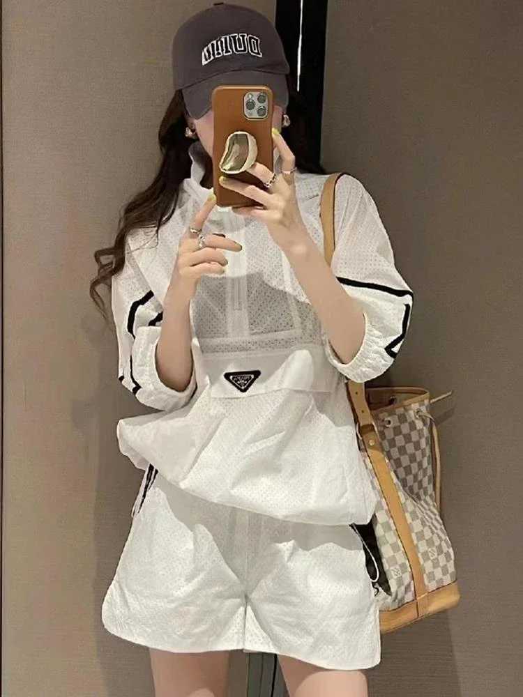 Women's Two Piece Pants Fashion 2Pcs Oversize Women Sweat Suit Set Thin Long Slve 2023 New Sunscrn Coat Top and Shorts Two Piece Set White Outfit