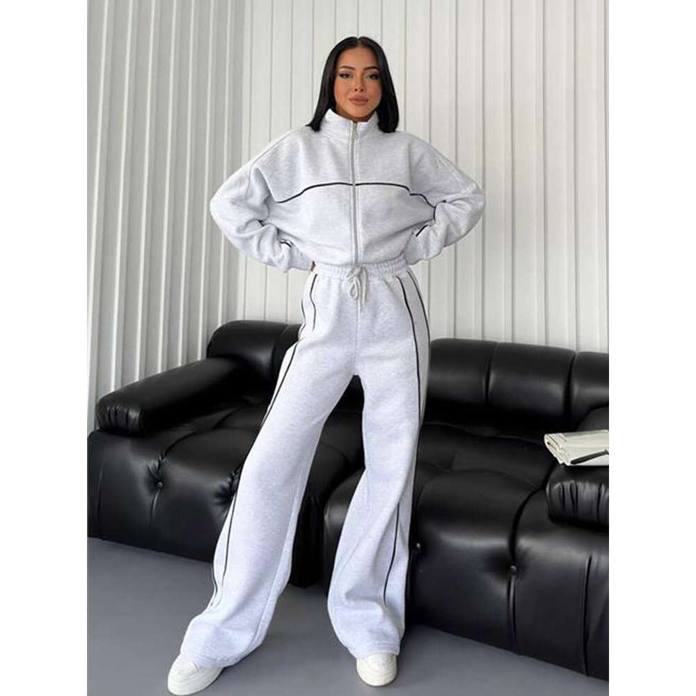 New Suit Sleeved Semi High Neck Cardigan Sweatshirt With Tie Up Stripes Long Pants Trendy Clothing Fashionable Casual Temperament