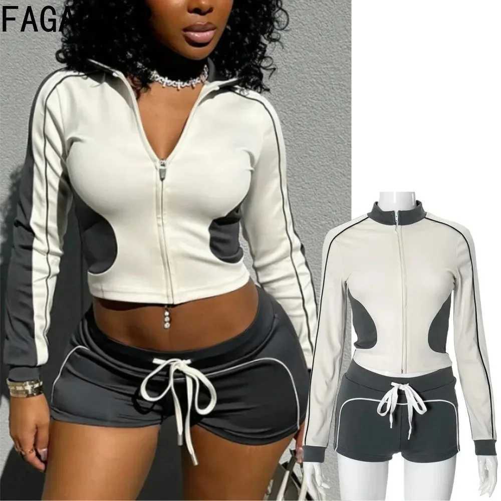 Women's Two Piece Pants FAGADOER Color Block Sport 2 Piece Sets Outfit Women Autumn Tracksuits Zip Jacket + Drawstring Shorts Suits Jogger Strtwe