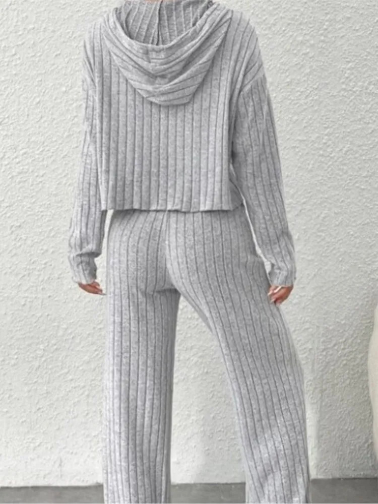 Fashionable Longsleeved Hooded Top Pants 2piece Set For Women Autumn Winter Solid Color Loose Knitted Sweatshirt Suit Female 241203