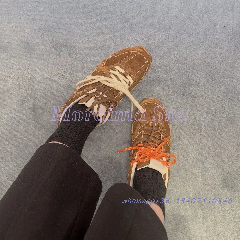 Round shoelaces mixed colors suede sneakers flat casual mesh sneakers brown er fashionable womens shoes ly arrived in 2024 241213