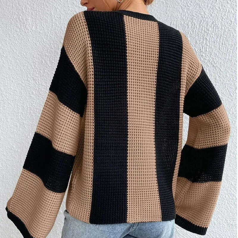 2024 autumn winter western-style knitted top with round neck and striped design, niche sweater jacket for women