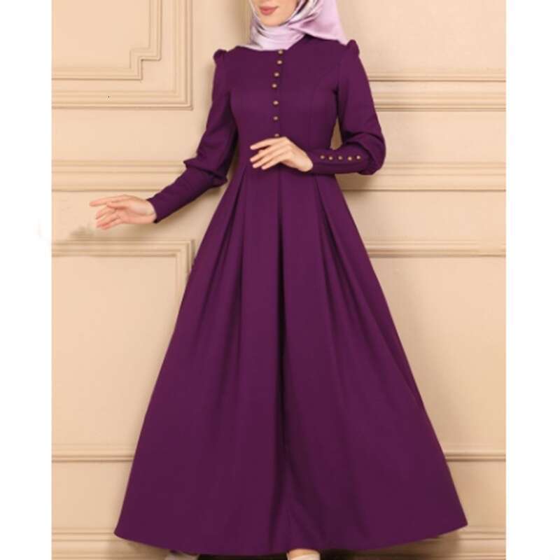 The Intellectual Goddess Has A Round Neck, Sleeved Button Decoration, Simple Versatile Collection Of Cuffs, High Waist, Big Long Skirt, And Dress