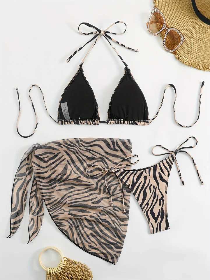 2024 Sexy Three Pieces Bikini Set Women Summer Bikini With Sarong Skirt Swimsuit Fa Swimwear opard Printed Bathing SuitsXJ241212