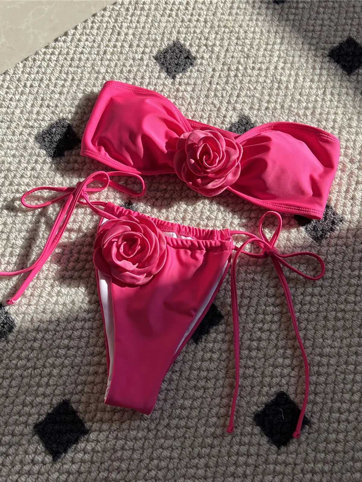 14 Colors 3D Flowers Bandeau High Cut Bikini Fa Swimsuit Women Swimwear Two-pieces Bikini set Bather Bathing Suit Swim K5265XJ241212
