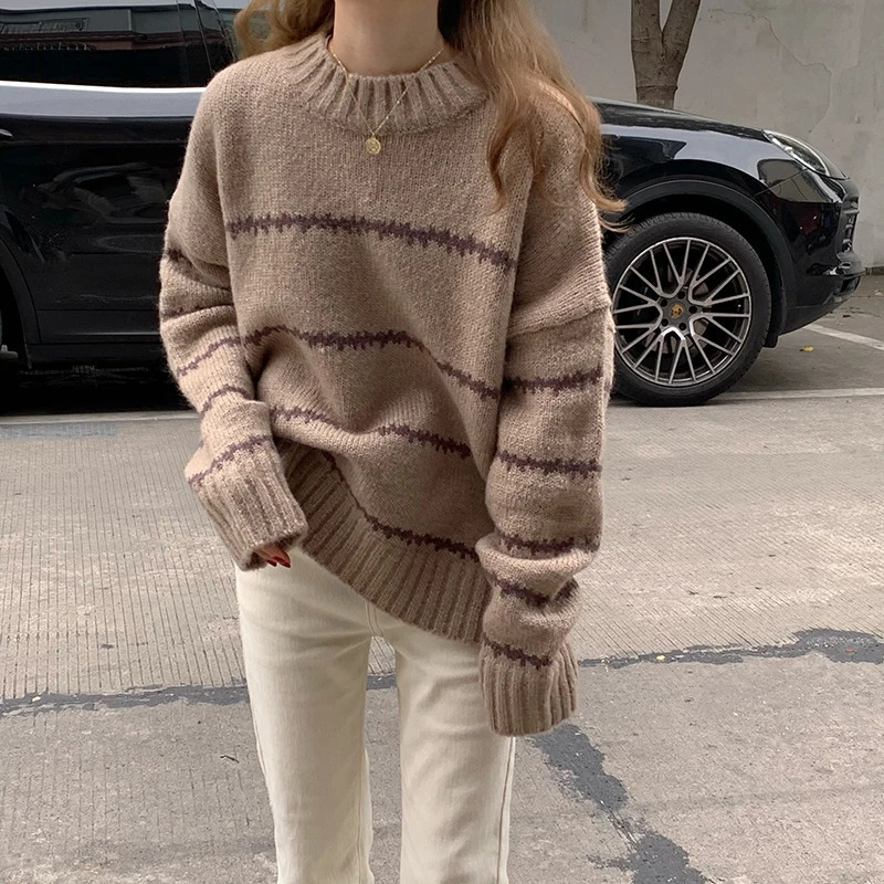 Women Sweater Casual Pullovers Autumn Winter Basics Knitted Korean Loose Striped Oneck Long Sleeve Elegance Sweet 241203