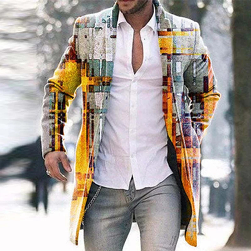 Retro Pattern Print Wool Blend Jackets Men Casual Turndown Collar Thick Man Cardigan Autumn Winter Singlebreasted Trench Coats 241213