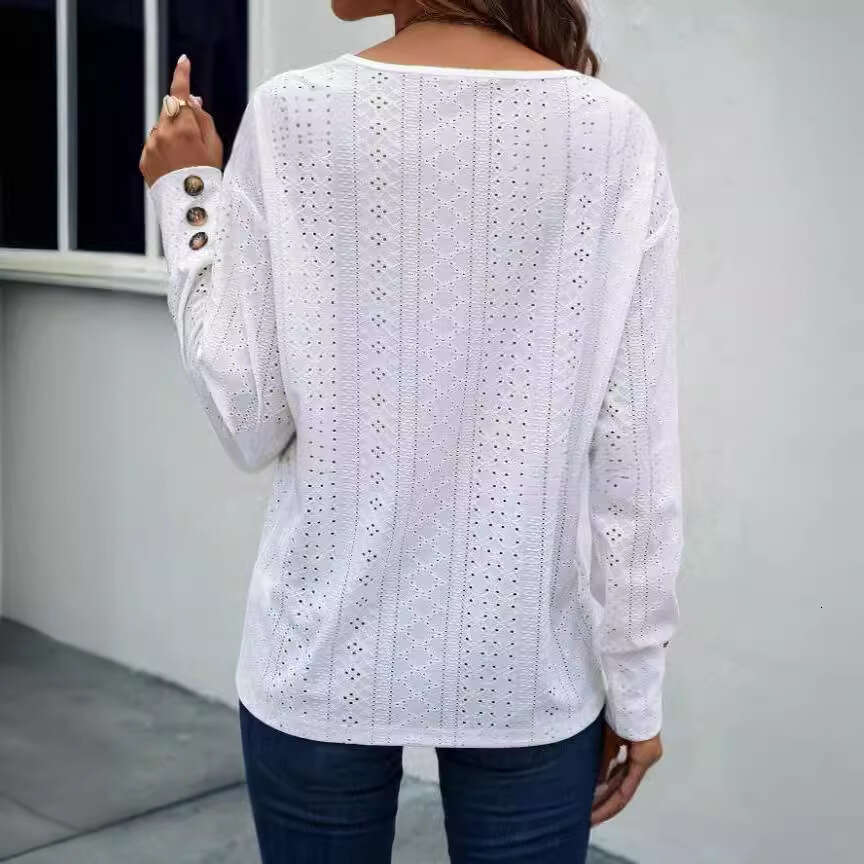 New European American Women's Big V-neck T-shirt for 2024 Spring Autumn, with eyelets, pleats, buttons, and long sleeves