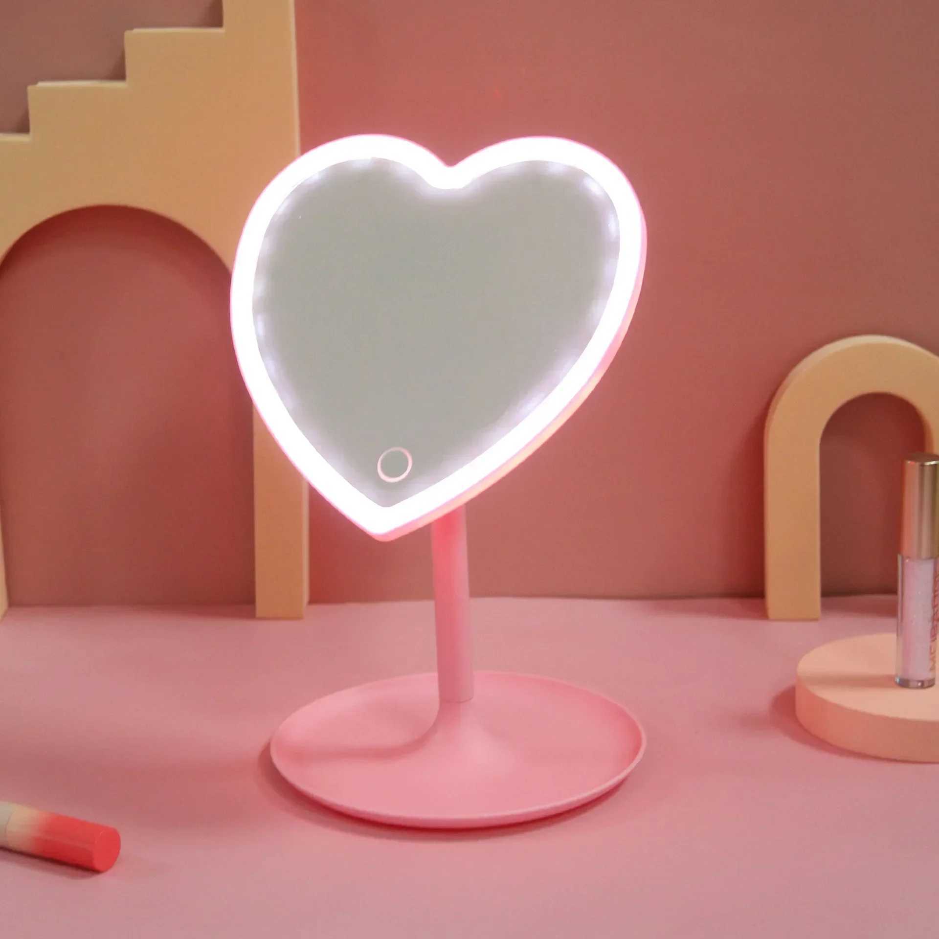 Heart Shape LED Makeup Mirror With 3 Colors Lighting and Stand Desktop Rechargeable Cosmetic Vanity Mirror Portable LightedXJ241213