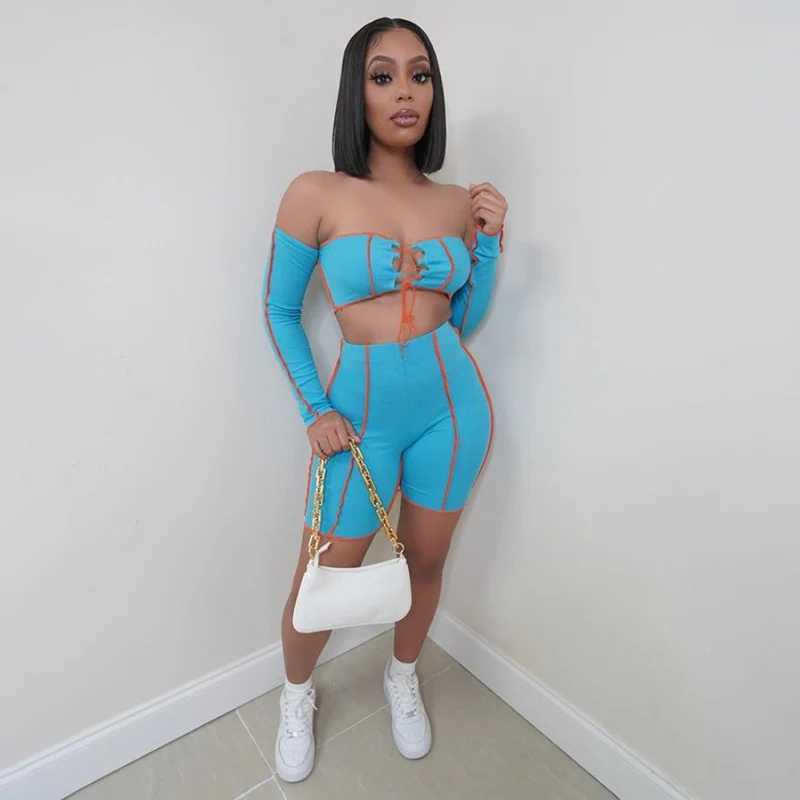 Women's Two Piece Pants Off Shoulder Sexy Top+Biker Shorts Sets Women Patchwork Bandage Backless 2 Piece Outfits Strt Style Summer Y241213F3B4